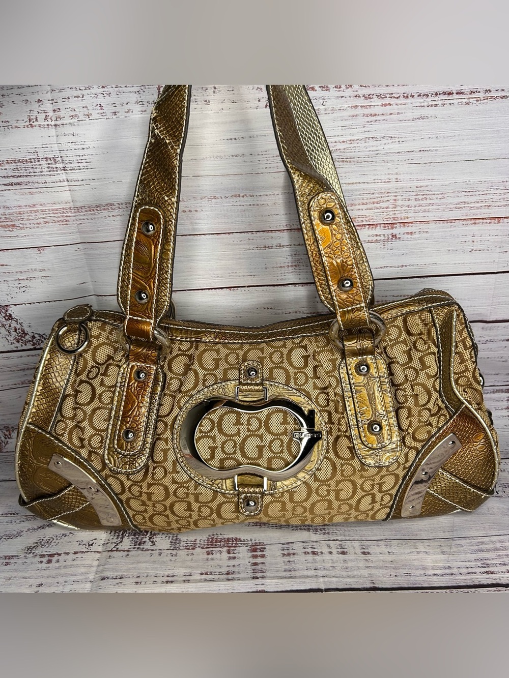 Guess Monogram Canvas Satchel Tan Silver Hardware Y2K Bag